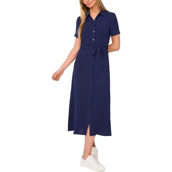 CeCe | Dresses | Cece Womens Size Medium Classic Navy Short Sleeve Button  Down Midi Dress New | Poshmark